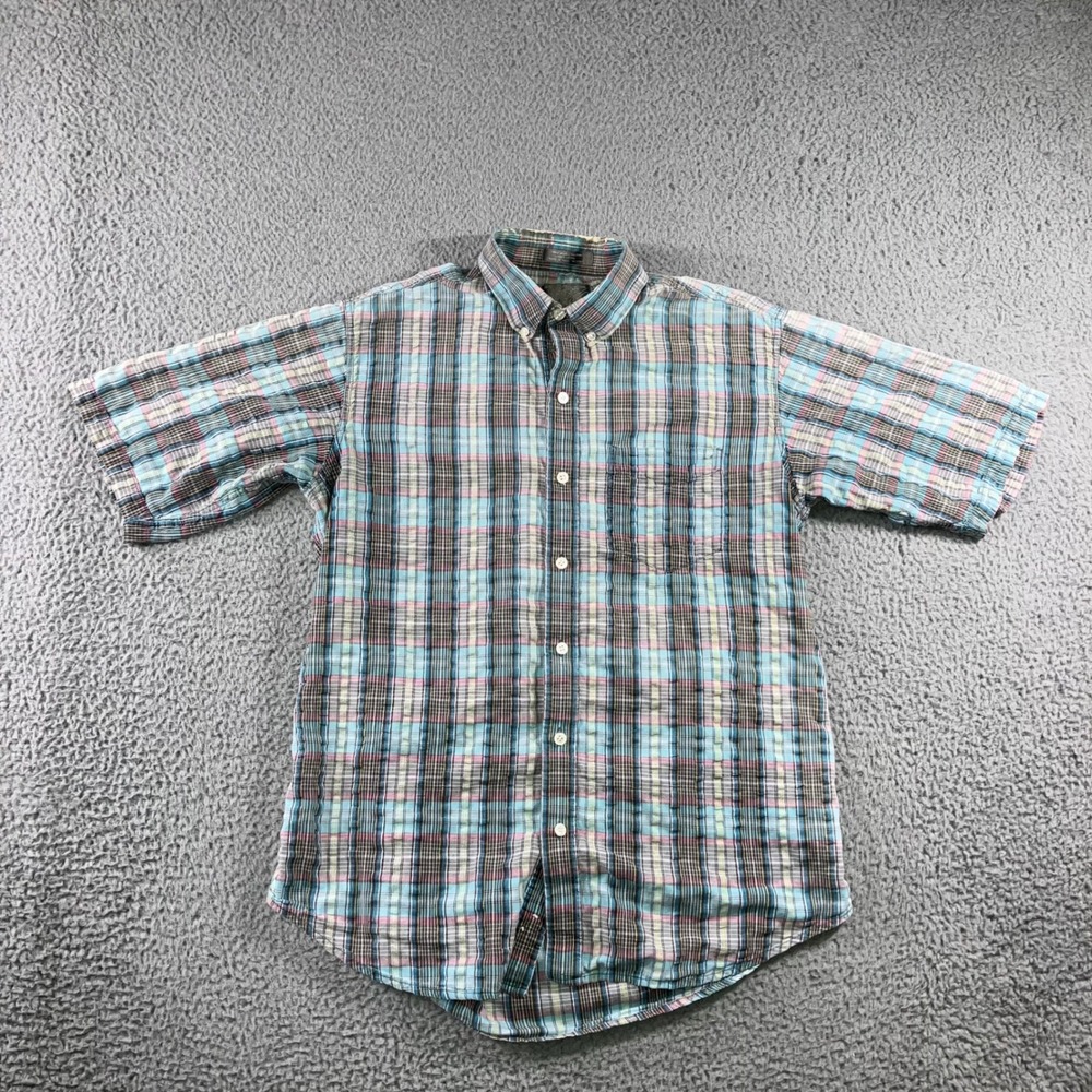Lord Taylor Button Down Shirt Mens M Plaid Short Sleeve Cotton Pastel Preppy